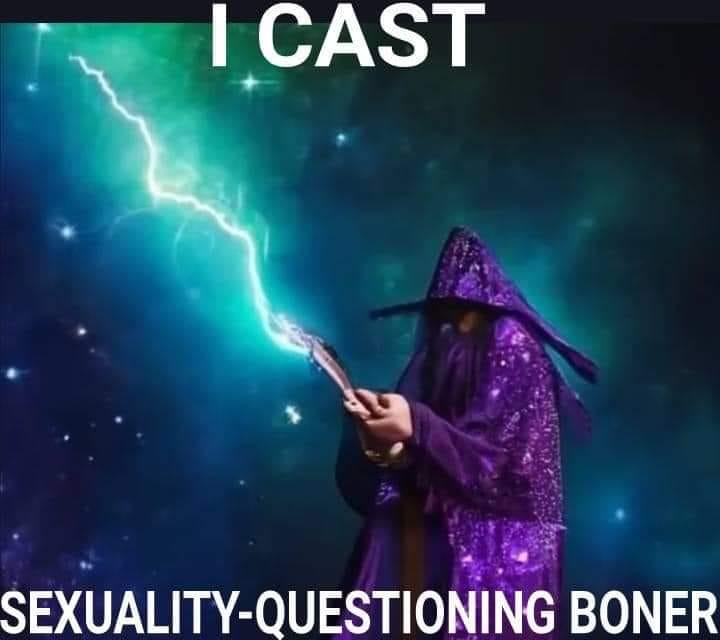 This meme is an image of a wizard (Dumbledore from Harry Potter) with a shocked expression, holding a wand that's sparking with magic. The text "I CAST" is written at the top, while the bottom text reads "SEXUALITY-QUESTIONING BONER". The meme is a humorous take on the idea of a wizard casting a spell, but the phrase "sexuality-questioning boner" is a playful and irreverent twist on the idea of a magical spell.